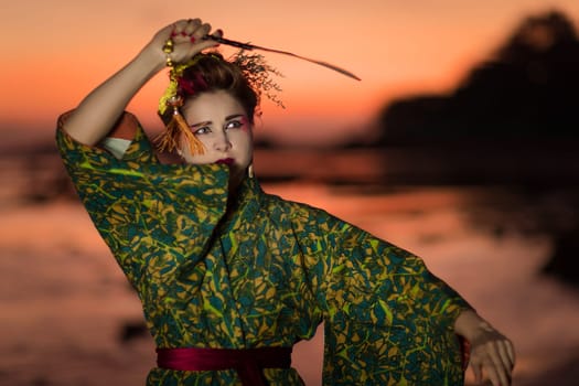 Fine art portrait of european woman in Japanese Geisha style wearing kimono