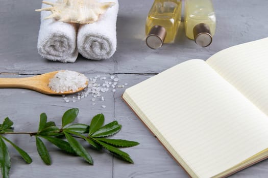 Spa with natural olive soap and sea salt and an open notebook for writing.