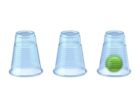Shell Game three transparent cups and green ball 3D render illustration isolated on white background
