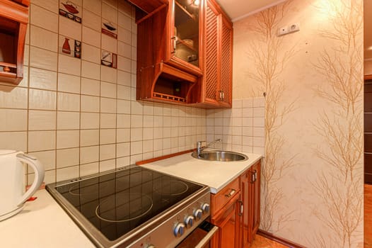 Russia, Moscow- November 15, 2019: interior room apartment modern bright cozy atmosphere. general cleaning, kitchen, dining area
