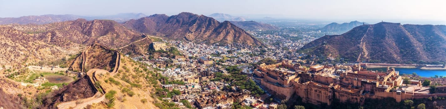 Panorama of India, view of Amber Fort, Amer district in Jaipur and the mountains.