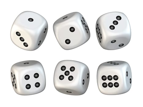 Six white game dices randomly rotated 3D render illustration isolated on white background