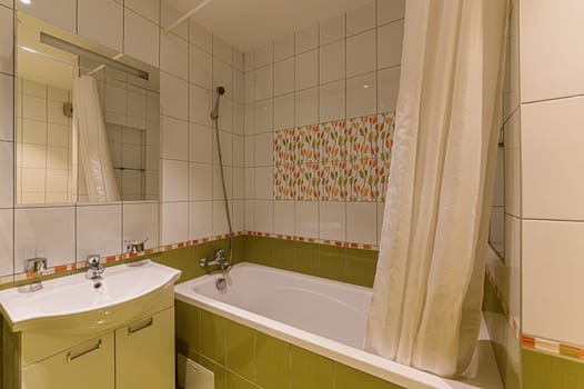 Russia, Moscow- November 15, 2019: interior room apartment modern bright cozy atmosphere. general cleaning, bathroom, sink, decoration elements, toilet