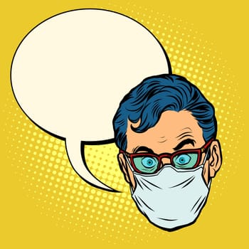 head Emoji epidemic quarantine warning. A man in a medical mask. Pop art retro vector illustration kitsch vintage 50s 60s style