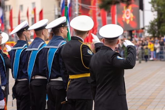 Anapa, Russia - May 9, 2019: Greeting of sailors at the May 9 Victory Day parade in Anapa Russia