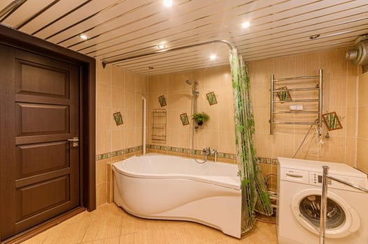 Russia, Moscow- November 15, 2019: interior room apartment modern bright cozy atmosphere. general cleaning, bathroom, sink, decoration elements, toilet