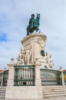 Lisbon, Portugal - Feb 2nd, 2020: Equestrian Statue of Joseph I at Praza do Comercio. Sculped by Joaquim Machado de Castro,1775