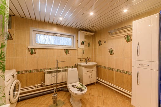 Russia, Moscow- November 15, 2019: interior room apartment modern bright cozy atmosphere. general cleaning, bathroom, sink, decoration elements, toilet