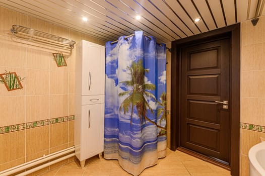 Russia, Moscow- November 15, 2019: interior room apartment modern bright cozy atmosphere. general cleaning, bathroom, sink, decoration elements, toilet
