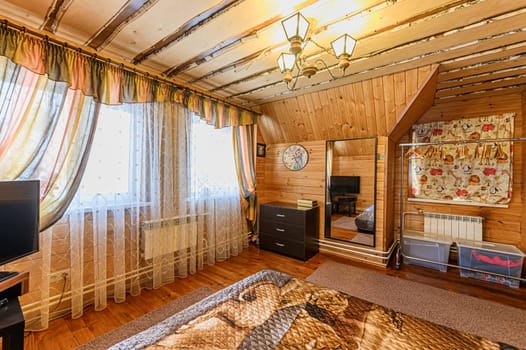 Russia, Moscow- November 15, 2019: interior room apartment modern bright cozy atmosphere. beautiful designer country house with wooden elements