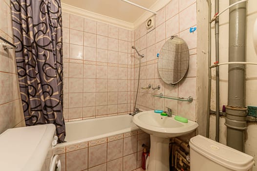 Russia, Moscow- November 15, 2019: interior room apartment modern bright cozy atmosphere. general cleaning, bathroom, sink, decoration elements, toilet