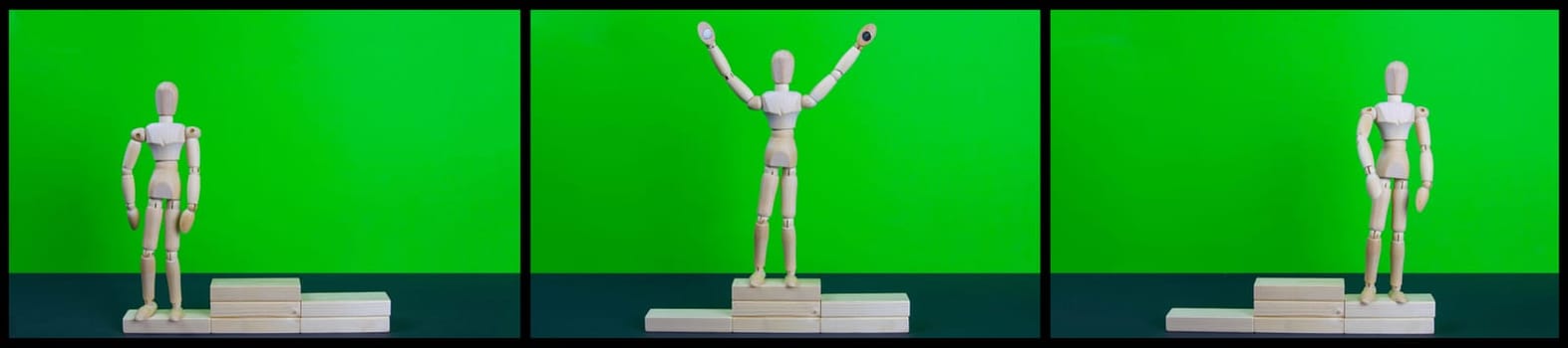 Full length portrait of male winner on winner's pedestal, on green background. The composition of 3 components: 3 place, 2 place and 1 place winner.