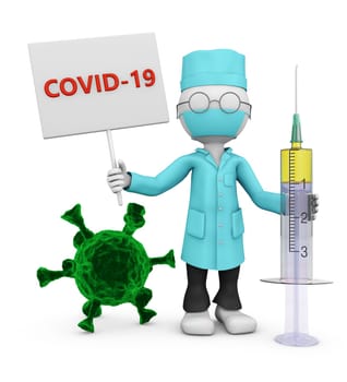 The masked doctor is holding a signboard with the words COVID-19 next to the coronovirus. 3D render.