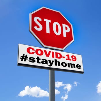 Stop sign with hastag #stayhome (COVID-19) on sky background. Coronavirus in Italy. COVID-19 alert banner. 2019 Coronavirus concept for an outbreak occurs in Wuhan - China.