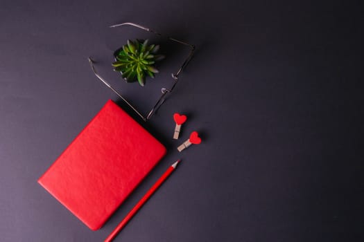 A red notebook stands on a black background, next to a green plant notebook, glasses, a red pencil and two heart-shaped pins.