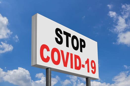 Message "Stop Coronavirus"" on big ad panel. COVID-19 alert banner  on amazing sky and clouds around it. COVID-19 outbreak. 2019 Coronavirus concept, for an outbreak occurs in Wuhan - China."