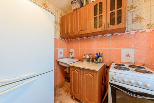 Russia, Moscow- November 20, 2019: interior room apartment modern bright cozy atmosphere. general cleaning, home decoration, preparation of house for sale. kitchen, dining area
