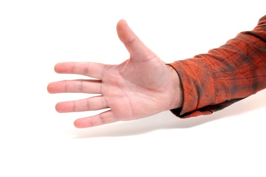 empty male hand closeup concept meaning hello, open palm, five fingers isolated on a white background.