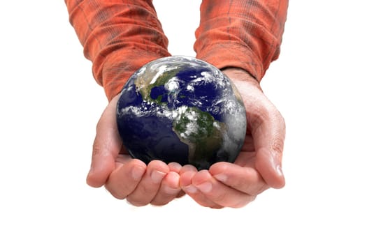 man hands holding Planet Earth on a white background. Some Elements of this image furnished by NASA.