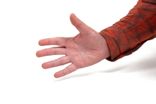 empty male hand closeup concept meaning hello, open palm, five fingers isolated on a white background.