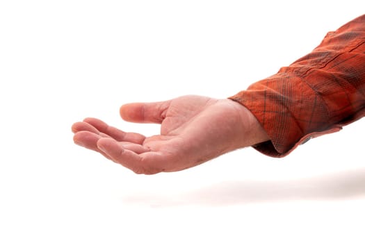 empty male hand closeup concept meaning offer, hold or care isolated on a white background.