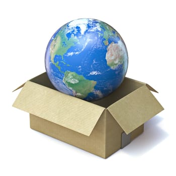 Earth globe in cardboard box 3D render illustration isolated on white background