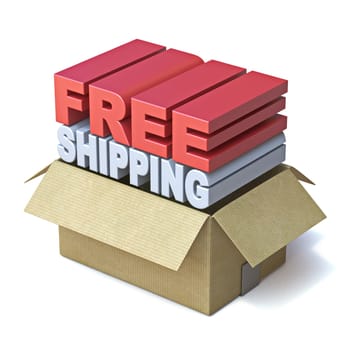 Text FREE SHIPPING in cardboard box 3D render illustration isolated on white background