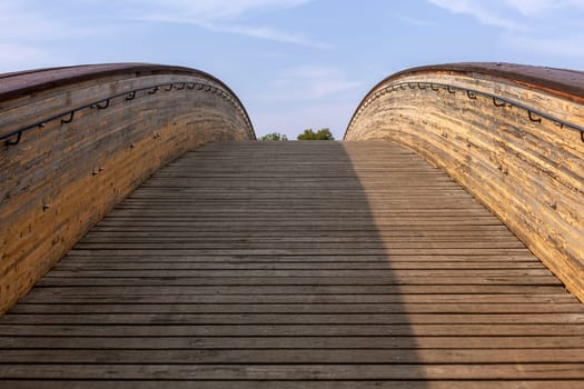 A wooden bridge in city Pardubice over the river Chrudimka. - Czech Republic