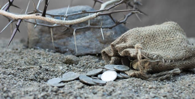 sack with the thirty silver coins biblical symbol of the betrayal of judas