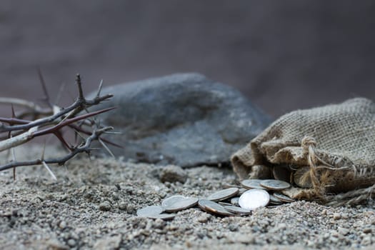 sack with the thirty silver coins biblical symbol of the betrayal of judas