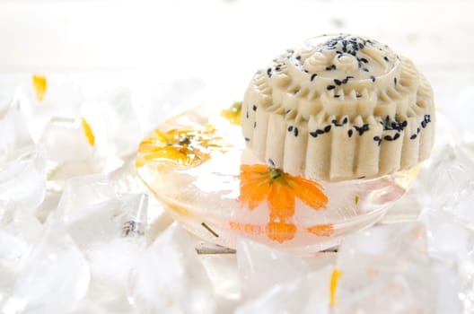 Black sesame Ice Mooncake ,Chinese mid autumn festival food.