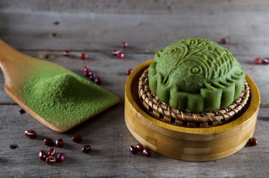 Red Bean Green tea Mooncake ,Chinese mid autumn festival food.