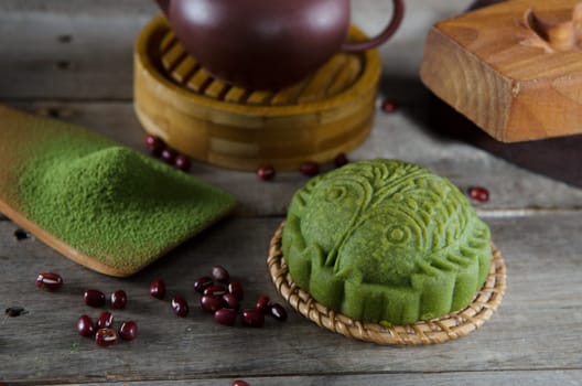 Red Bean Green tea Mooncake ,Chinese mid autumn festival food.