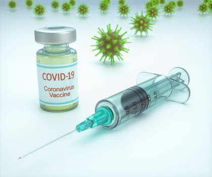 Conceptual image for the discovery of a vaccine for the Covid-19, Coronavirus, 2019-nCoV, SARS-CoV-2. 3D illustration.