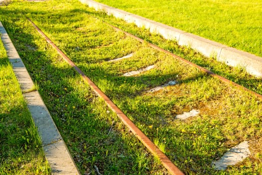 railway overgrown with green grass