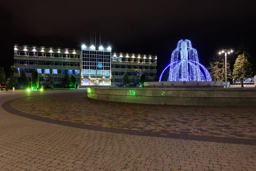 Anapa, Russia - February 28, 2020: Winter version of the fountain in the square in front of the administration of the resort city of Anapa