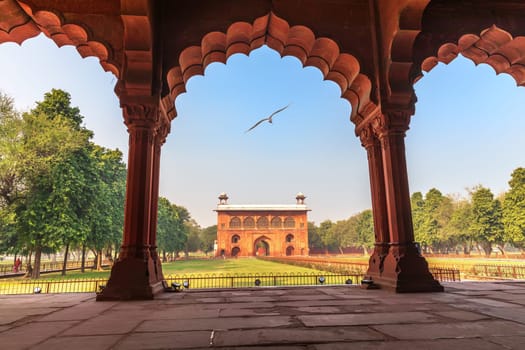 Red Fort Delhi, view on Lal Qila from Diwan-i-Aam, India.