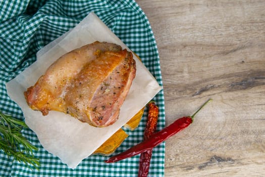 Whole roasted chicken rosemary and chilli. Baked chicken grilled barbecue delicious food on dining table at holiday celebrate.