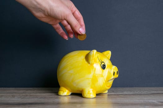 Hand tosses coin into yellow piggy bank, piggy bank is on a stack of books.