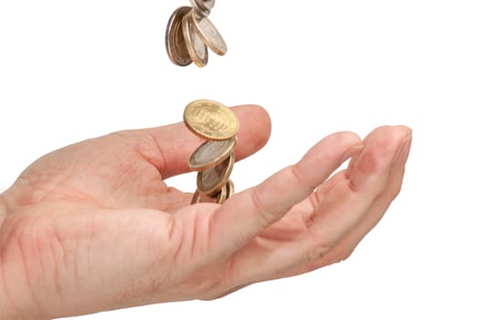 Side detail view of a male hand under falling euro coins against white background.