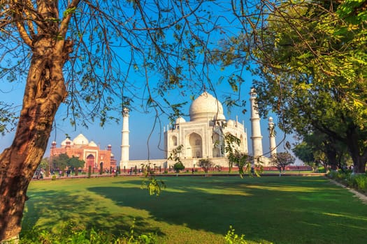 Taj Mahal, garden view in Agra, Uttar Pradesh, India.