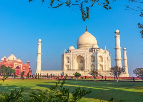 Taj Mahal and the blue sky, beautiful view, India.