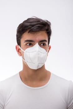 Young boy wearing surgical mask, various facial expressions, portrait, high section. White background.