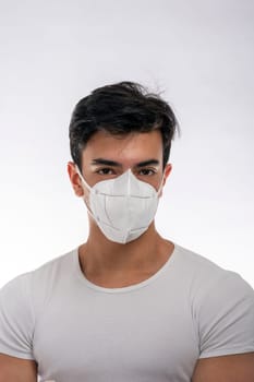 Young boy wearing surgical mask, various facial expressions, portrait, high section. White background.