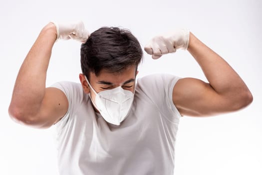 Young boy wearing surgical mask, various facial expressions, portrait, high section. White background.
