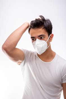 Yopung boy wearing surgical mask, various facial expressions, portrait, high section. White background.
