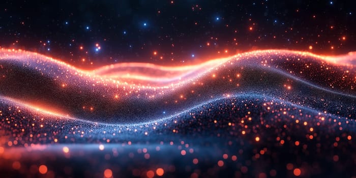 Abstract digital art. Waves of glowing particles, orange and blue, create a dynamic, otherworldly scene. No people are present. The image evokes a sense of energy and movement.