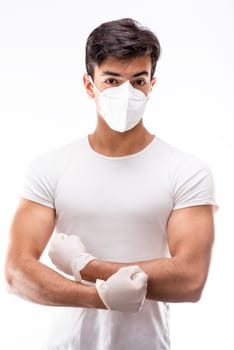 Young boy wearing surgical mask, various facial expressions, portrait, high section. White background.