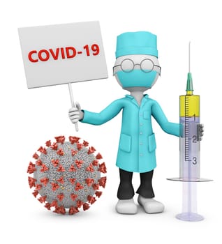 The masked doctor is holding a signboard with the words COVID-19 next to the coronovirus. 3D render.