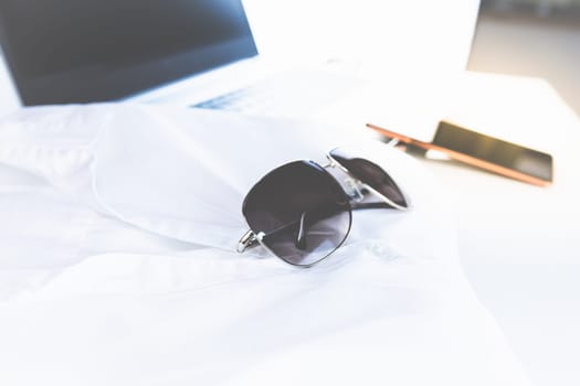Home Office - PC, blouse, mobile phone and voice assistant, work at home.